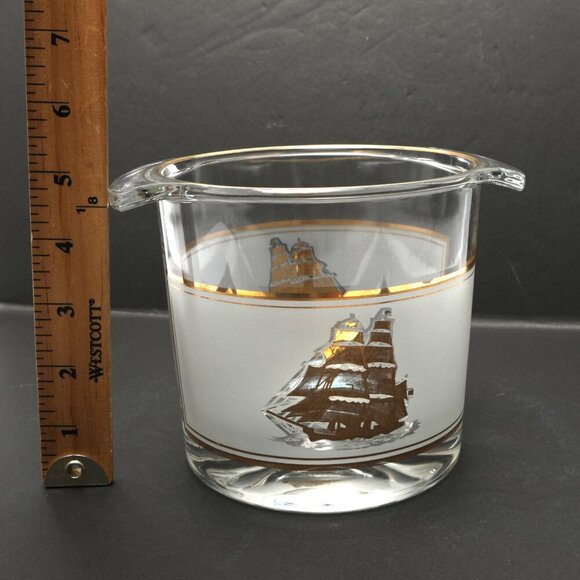 Vintage Nautical Frosted Glass Ice Bucket Ship Gold Clear France  Culver MCM - Picture 8 of 10